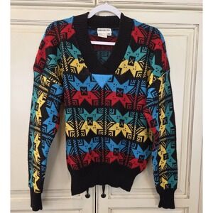 Vtg Obermeyer Wool Acrylic Sweater Rainbow Stars Snowflakes Medium Large‎ V Neck